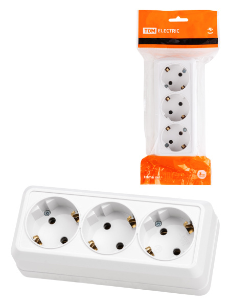 Розетка 3-х местная горизонтальная 2П+3 открытой установки IP20 16A белая "Ладога" TDM Розетка 3-х местная горизонтальная 2П+3 открытой установки IP20 16A белая "Ладога" TDM