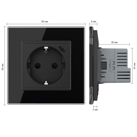 Розетка электрическая + USB type-C с блоком питания 18W Livolo 1 пост Черная VL-C7CTF16A.UC18W-2BP
