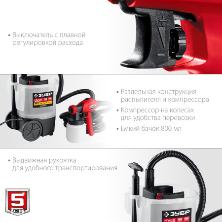 Краскопульт (краскораспылитель) электрич, КПЭ-750, HVLP, 0.8л, краскоперенос 0-800мл/мин,вязкость краски 100 DIN/сек, сопло 2.6мм, 750Вт ЗУБР
