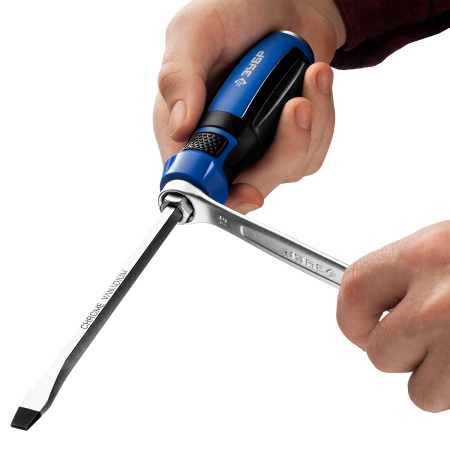 Отвертка ударная, сквозной Cr-V стержень, SL8 x 150 мм, усилитель под ключ, магнитный наконечник, двухкомп. рукоятка, Профессионал, "УДАРНИК" ЗУБР