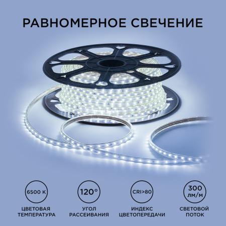 O17-03 Светодиодная лента 220В, 5Вт/м, smd2835, 60д/м, IP65, 300лм/м, размер 10х7мм, 50м, х/б, 6500К OGM