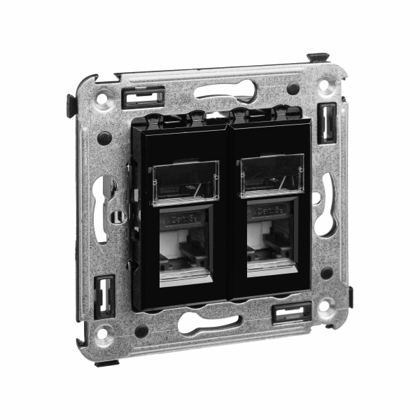 Компьютерная розетка RJ-45 в стену, кат.5e двойная, "Avanti", "Черный квадрат" DKC