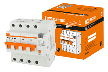 Дифференциальный автоматический выключатель АД14 4П 16А С 10мА 4,5кА тип АС 5 мод TDM