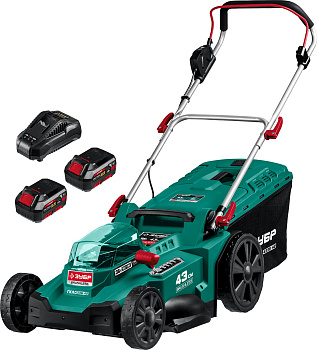 36В бесщеточная газонокосилка, 2х18В АКБ (4Ач). ГКЛ-4336-42 ЗУБР