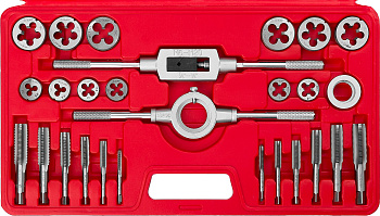 27 предметов, набор метчиков и плашек в пластиковом боксе, сталь 9ХС ЗУБР