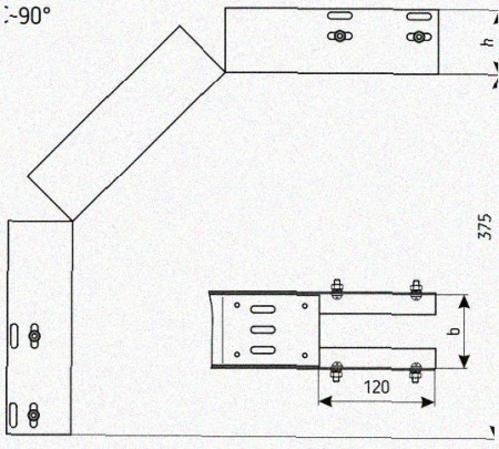 Лоток перфорированный КС 600х65-90 У3 для поворота трассы вниз на 90, окрашенный, S1,5