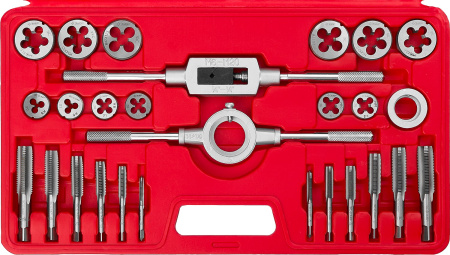 27 предметов, набор метчиков и плашек в пластиковом боксе, сталь 9ХС ЗУБР