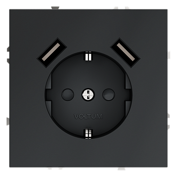 Розетка встраиваемая Voltum S70 с заземлением и защитными шторками, 16А, с USB, A+A, (графит)
