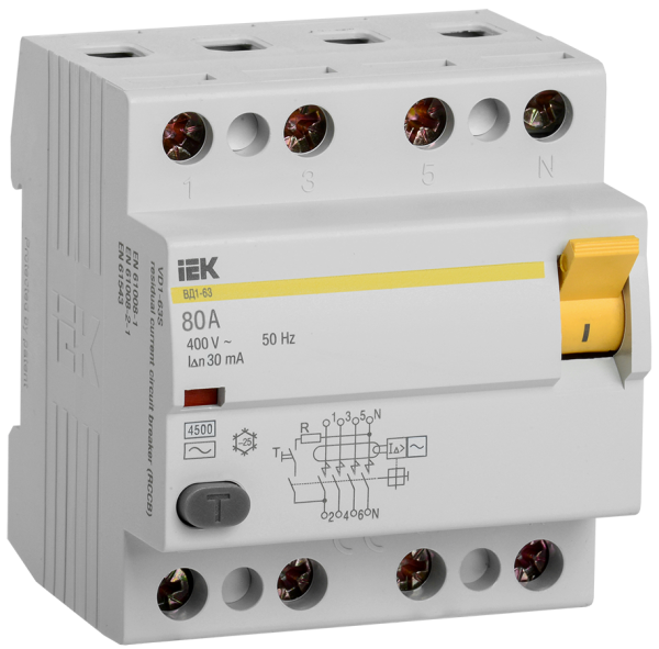 Устройство защитного отключения УЗО ВД1-63 4П 80А 30мА IEK