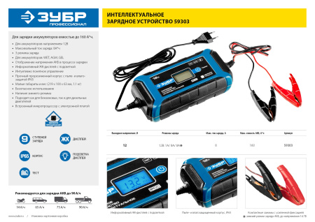 Зарядное устройство 12 В, 8А, IP65, ЗУ-160 ЗУБР