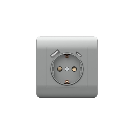 Розетка с/з со шторками, 16А+ USB двойная A+C, 5В/2,1А, серебряный NEW3-E CHINT