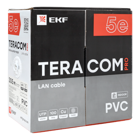 Кабель витая пара TERACOM PRO Cat,5E U/UTP 4 пары solid 24AWG оболочка PVC цвет серый (упак, 305м) EKF