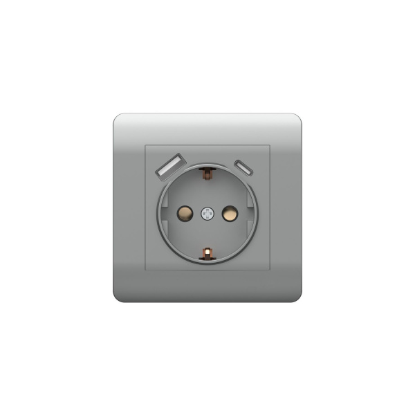 Розетка с/з со шторками, 16А+ USB двойная A+C, 5В/2,1А, серебряный NEW3-E CHINT