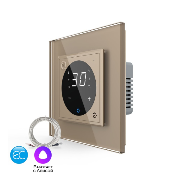 Умный терморегулятор пола EC 16А, сенсорное управление, датчик воздуха, датчик пола 5 метров, 1 пост, цвет золотой Livolo Умный терморегулятор пола EC 16А, сенсорное управление, датчик воздуха, датчик пола 5 метров, 1 пост, цвет золотой Livolo