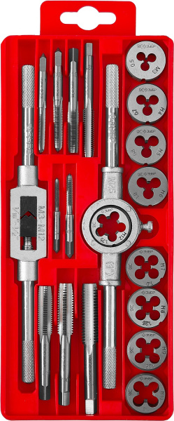 20 предметов, набор метчиков и плашек в пластиковом боксе, сталь 9ХС ЗУБР