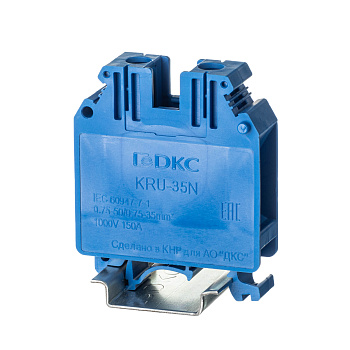 Клемма проходная, винтовой зажим, 2 точки подключения, 35 кв.мм, синяя DKC