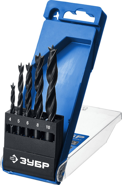 5 шт(4-5-6-8-10 мм), набор спиральных сверл по дереву, М-образная заточка (B) ЗУБР