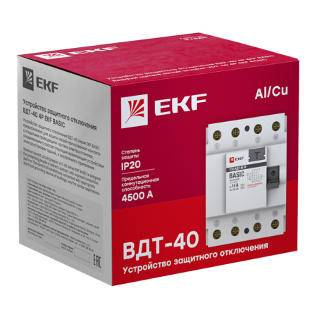 Устройство защитного отключения ВДТ-40 УЗО 4П 63А (электронное) 4,5кА 100мА Basic EKF