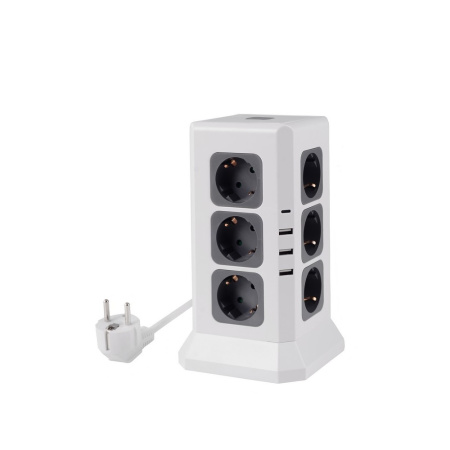 Удлинитель Tower Extended 12 Euro 16А, 4 USB 3A+C с блоком 5В/3.4А, кабель 2,0м RocketSocket, цвет белый-серый