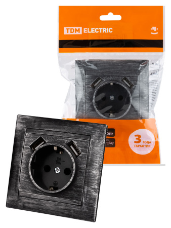 Розетка 2П+З 16А 250В + 2 USB порта 2,1А 5В старинное серебро "Лама" TDM