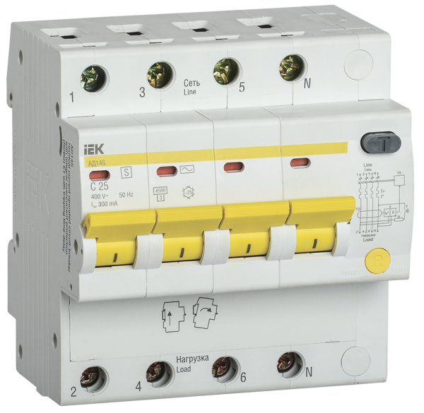 Дифференциальный автоматический выключатель АД14S 4П 25А 300мА IEK