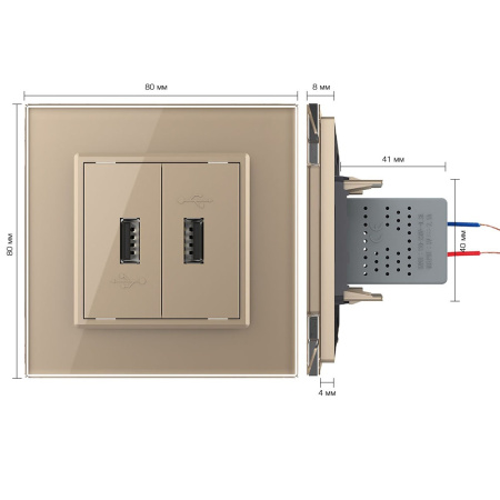 Розетка USB с блоком 5В 2.1А двойная Золотая Livolo