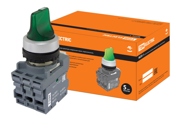 Переключатель на 3 положения с фиксацией M3SS1-21G короткая ручка(LED) d22мм/220B 1з+1р зеленый TDM Переключатель на 3 положения с фиксацией M3SS1-21G короткая ручка(LED) d22мм/220B 1з+1р зеленый TDM