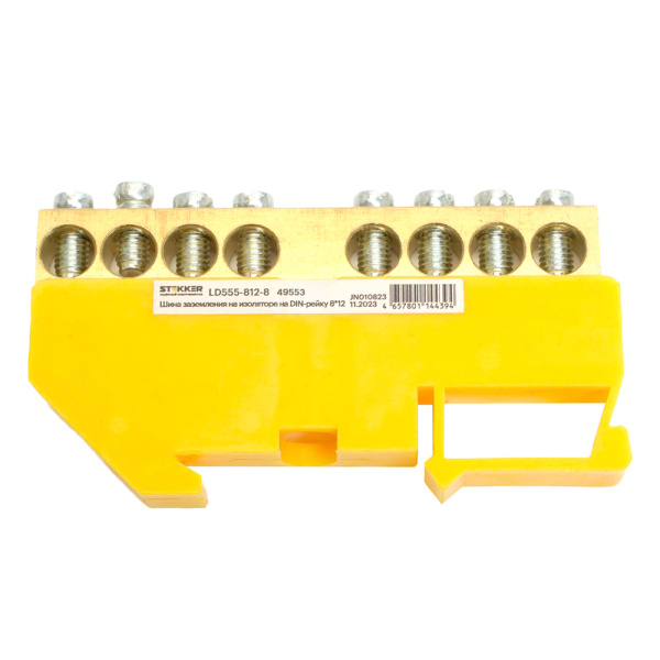 Шина "PE" STEKKER на изоляторе 8*12 на DIN-рейку 8 выводов, желтый, LD555-812-8