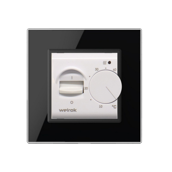 Терморегулятор Welrok MEX для рамки LIVOLO с механическим управлением, датчик пола 3 м, цвет белый с черной рамкой Терморегулятор Welrok MEX для рамки LIVOLO с механическим управлением, датчик пола 3 м, цвет белый с черной рамкой