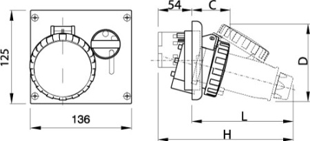 Розетка панельная с механической блокировкой и верхним расположением разъема IP67 32А 3P+E+N 400В DKC