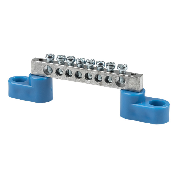 Шина "0" N (6x9мм) 8 отв, цинк 2 синих угловых изолятора EKF