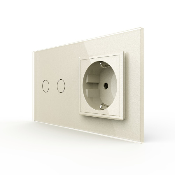 Двухклавишный сенсорный выключатель с розеткой 2 поста, цвет жемчужный Livolo