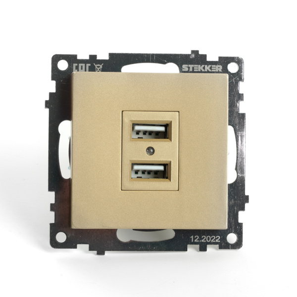 Розетка 2-местная USB (механизм), STEKKER, GLS10-7115-08, 250В, 2,1А, серия Катрин, золото