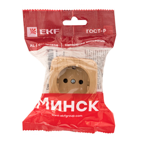 Минск Розетка 1-местная ОП 16А с заземлением светлое дерево EKF