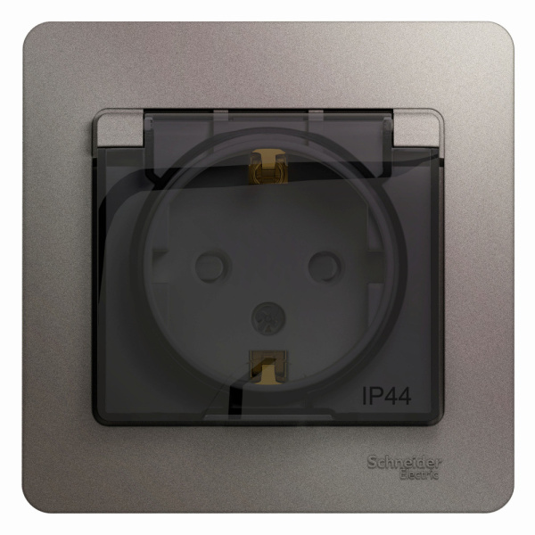 GLOSSA Розетка с заземлением со шторками с крышкой в сборе IP44 платина Schneider Electric