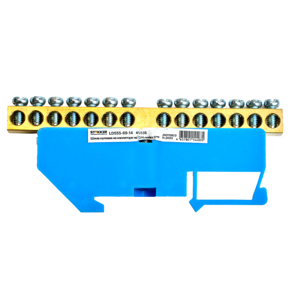 Шина "N" на изоляторе STEKKER 6*9 на DIN-рейку 14 выводов, синий, LD555-69-14