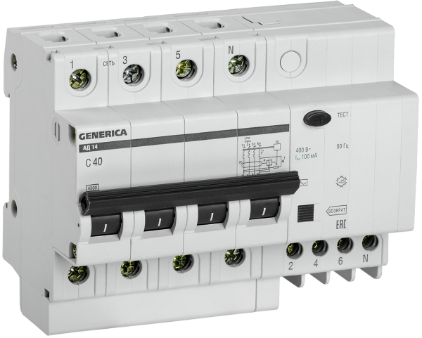 Дифференциальный автоматический выключатель АВДТ АД14 4П 40А 100мА GENERICA