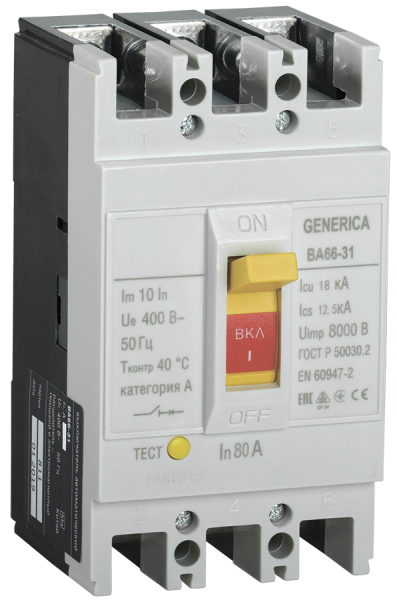 Выключатель автоматический ВА66-31 3П 80А 18кА GENERICA