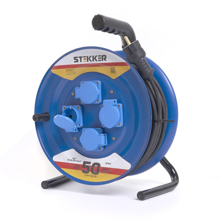 Удлинитель на металлической катушке 4-местный с/з Stekker, PRF02-41-50, 50м, 3*2,5, серия Professional, синий
