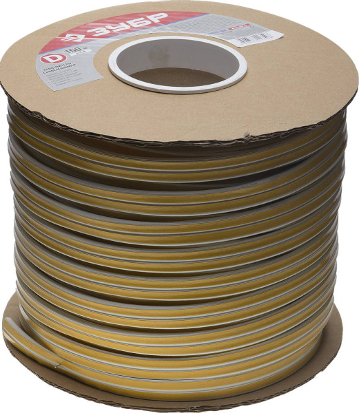 Резиновый уплотнитель самоклеящийся, профиль "D", размер 9х8мм, белый, 150м ЗУБР