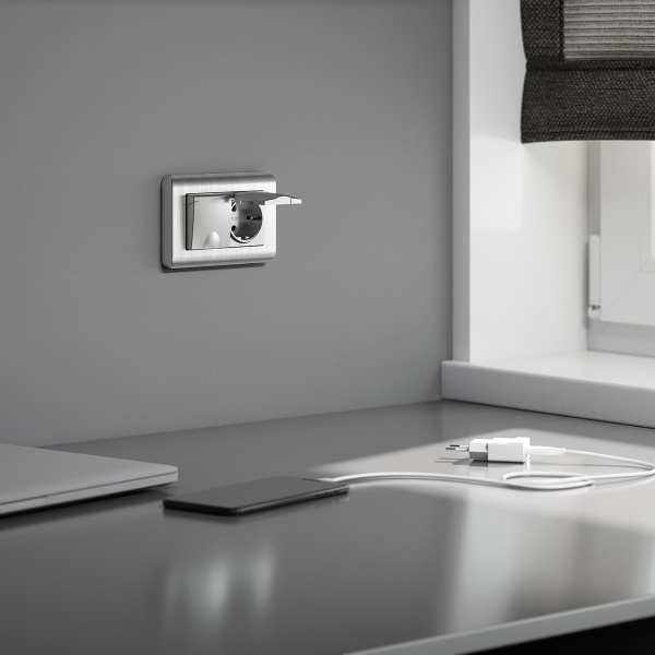 Розетка двойная влагозащ. с зазем. с защит. крышками и шторками (серебряный) СУ IP44 Werkel Розетка двойная влагозащ. с зазем. с защит. крышками и шторками (серебряный) СУ IP44 Werkel