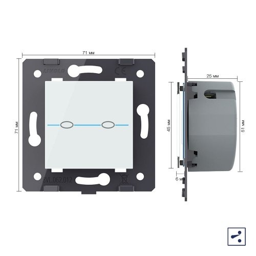 Двухклавишный проходной сенсорный выключатель Quadro, цвет белый (механизм) Livolo фото 5