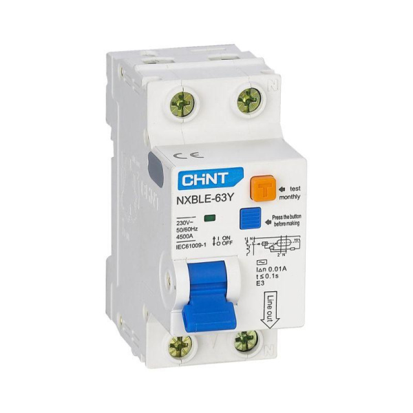 Дифференциальный автоматический выключатель NXBLE-63Y 1П+N 32А 10мА электронный тип АС, х-ка С, 4,5кА CHINT