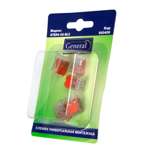 GTER4-02-BL5 Клемма универсальная монтажная 2-проводная, прозрачная компактная, блистер 5шт General