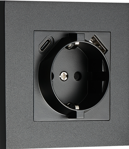 Donel N96 Розетка Schuko с зарядным устройством USB A+C, с защитными шторками, Черный, серия DT Donel N96 Розетка Schuko с зарядным устройством USB A+C, с защитными шторками, Черный, серия DT