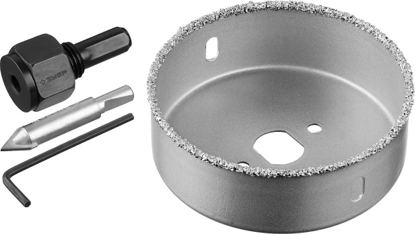 Коронка-чашка "Профессионал" c карбид-вольфрамовым нанесением, 89 мм, высота 25 мм, в сборе с державкой и сверлом ЗУБР