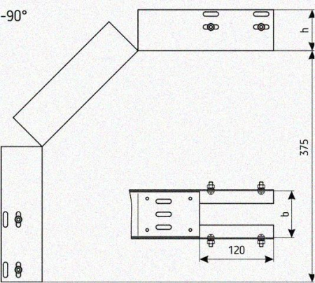 Лоток перфорированный КС 150х65-90 УХЛ1 для поворота трассы вниз на 90, оцинкованный лист S1,0