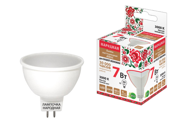 Лампа светодиодная MR16-7 Вт-230 В-3000 К–GU5,3 Народная TDM Лампа светодиодная MR16-7 Вт-230 В-3000 К–GU5,3 Народная TDM