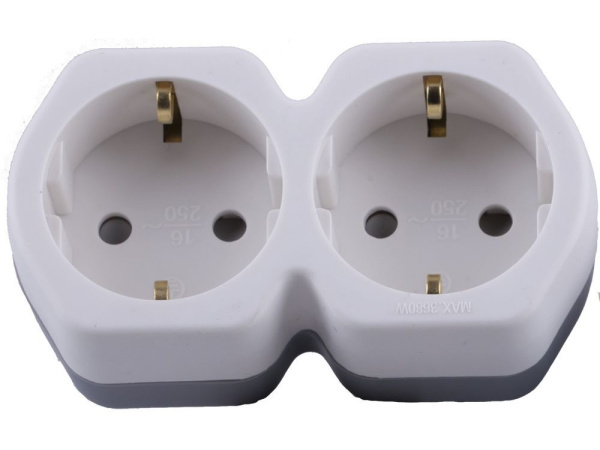 Разветвитель сетевой 2-местный с/з STEKKER ADP16-12-20, 250V,16A, ABS огнеустойчивый пластик, белый/серый