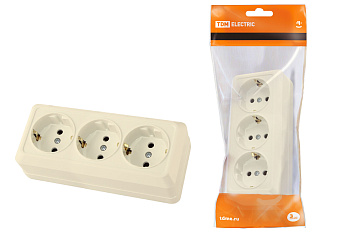 Розетка 3-х местная горизонтальная 2П+3 открытой установки IP20 16A сл. кость "Ладога" TDM Розетка 3-х местная горизонтальная 2П+3 открытой установки IP20 16A сл. кость "Ладога" TDM